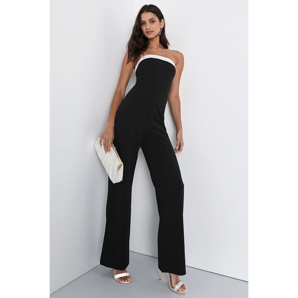 Lulus Notably Chic Black Color Block Strapless Jumpsuit - Size XS